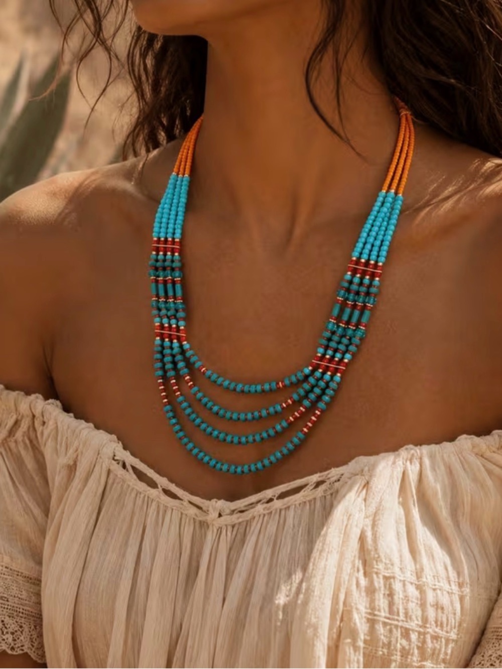 Blue and Orange Multi-Strand Beaded Necklace - Women Jewelry